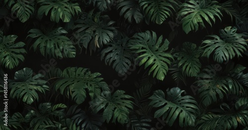 Intricate black background with vibrant green tropical leaves, dense jungle pattern , leaves, lush, dense