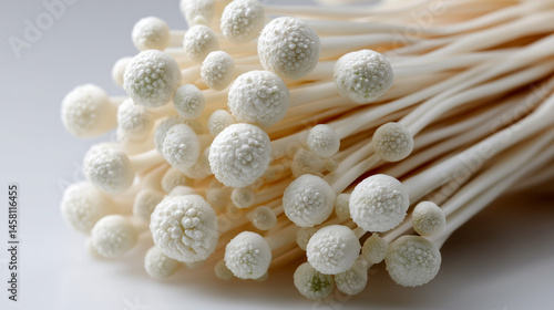Golden Enoki: A close-up shot of delicate, fresh golden enoki mushrooms, showcasing their slender stems and petite caps in a pristine composition, with each detail sharply defined. 