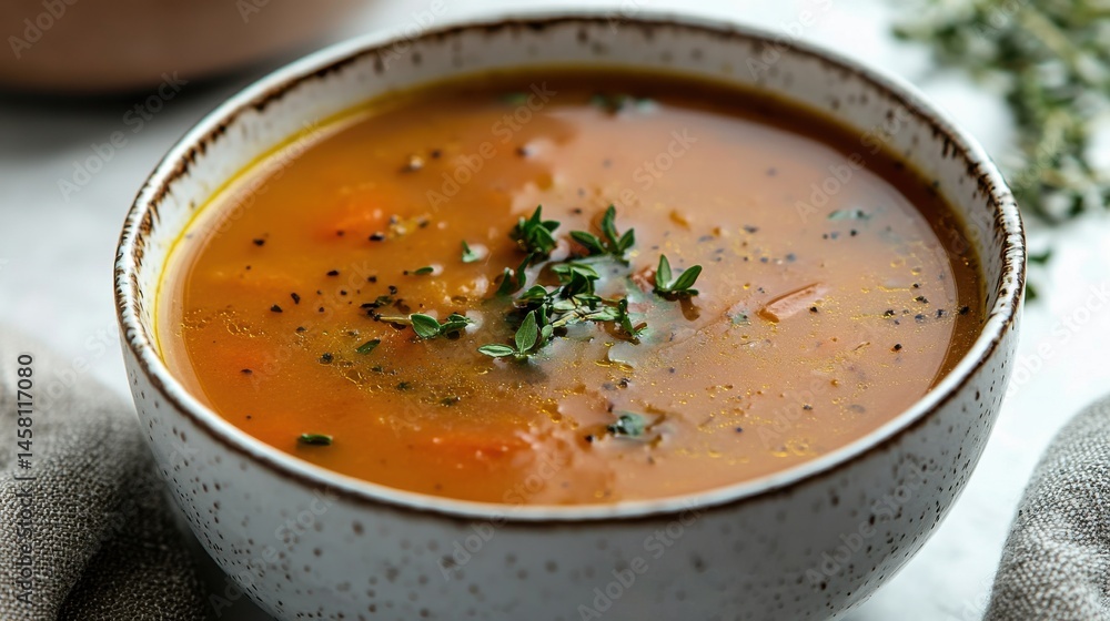 Warm bowl of savory vegetable soup garnished with fresh herbs on table Warm bowl of savory vegetable soup garnished with fresh herbs on table