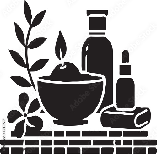 Botanical Essential Oil with Citrus and Herbs – Elegant Black and White Illustration