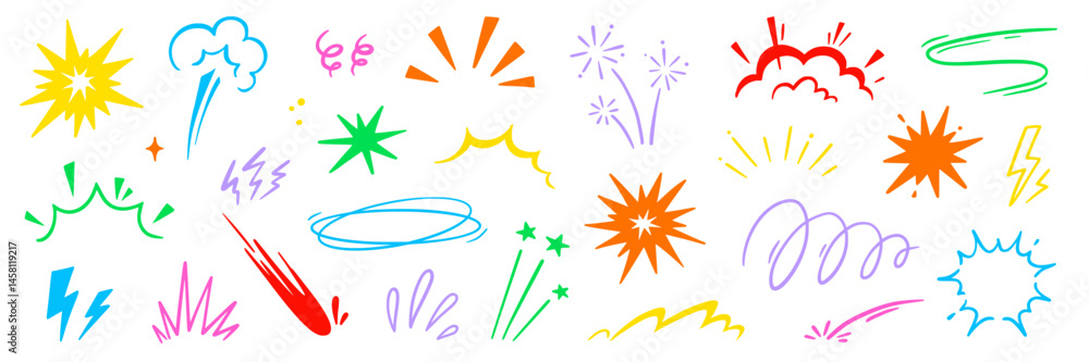 Obraz premium Cartoon comic element speed effect doodle line set. Comic boom motion, explosive energy, line speed cartoon vector graphic icon. Hand drawn cute sketch doodle effect. Vector illustration