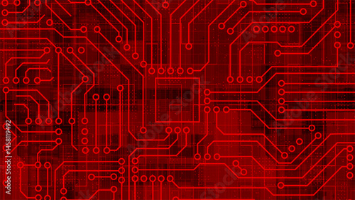 Red Computer chip with connections and signals. Artificial intelligence Computer processor background. Mother board circuit pattern background