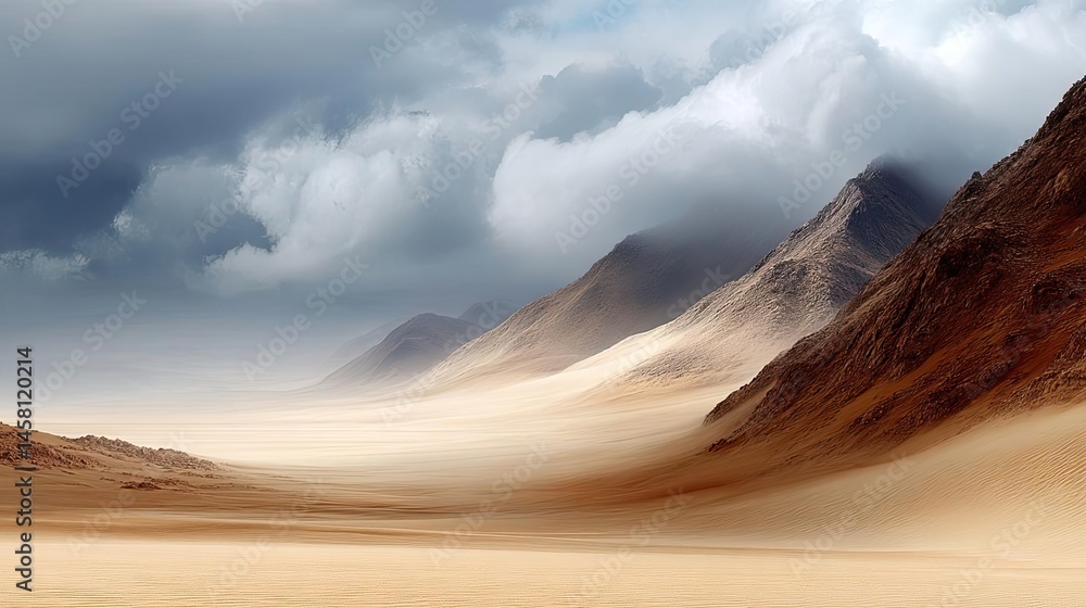 Panorama sand storm across arid desert with dark cloudy sky concept. A stunning view of mountains and sandy terrain under dramatic clouds. Panorama sand storm across arid desert with dark cloudy sky concept. A stunning view of mountains and sandy terrain under dramatic clouds.