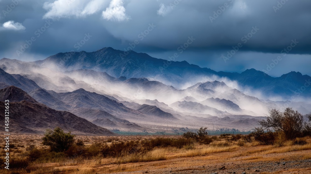 Panorama sand storm across dry desert with massive wind concept. A stunning landscape showcasing majestic mountains and dramatic skies. Panorama sand storm across dry desert with massive wind concept. A stunning landscape showcasing majestic mountains and dramatic skies.