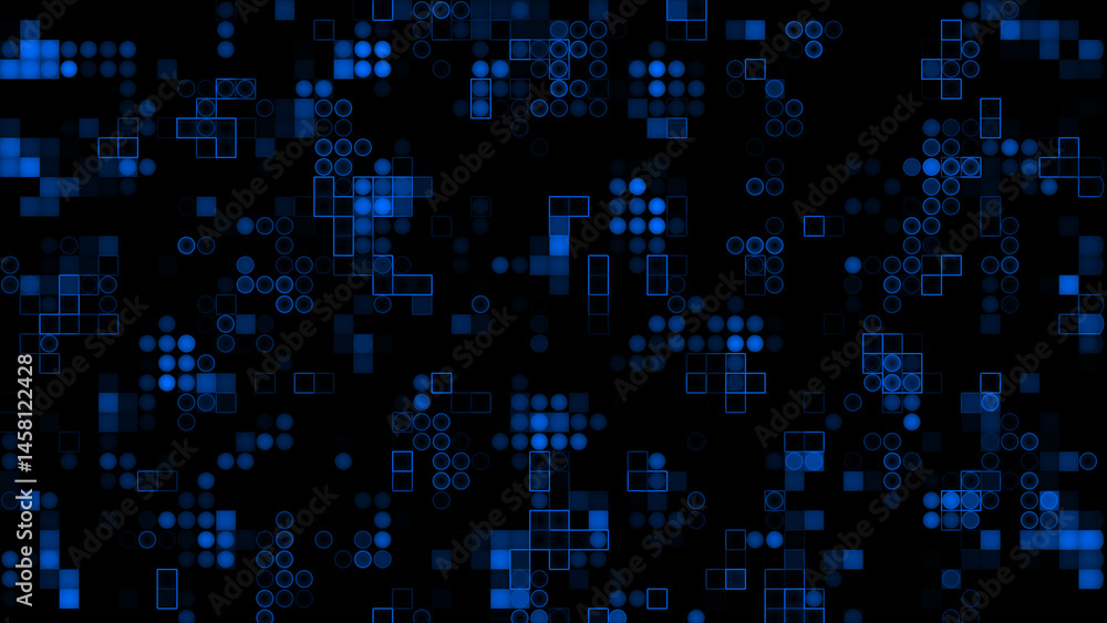 Fototapeta premium Appearing and disappearing 2d Royal blue circles and squares digital background, dark futuristic virtual background