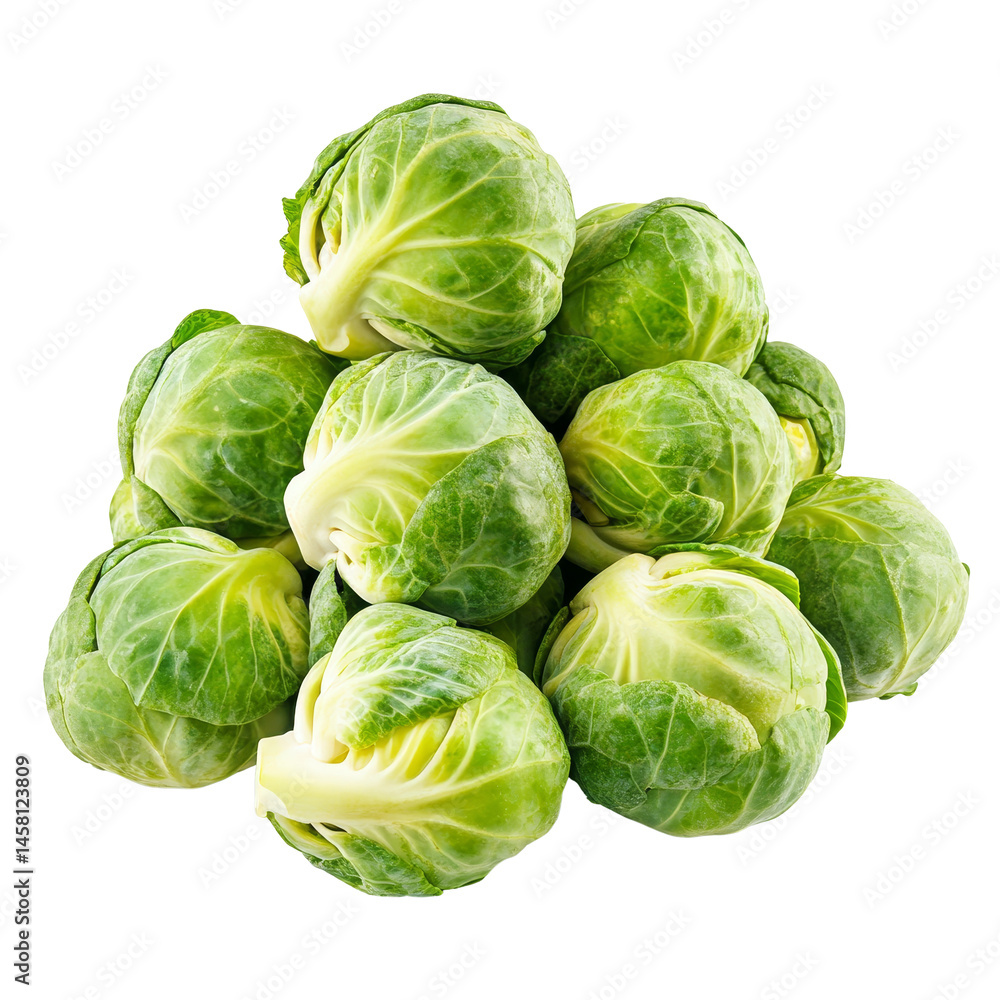 Obraz premium Fresh Brussel sprouts stacked on a transparent background, highlighting their vibrant green color and unique shape, Group of Brussel Sprouts isolated on transparent background
