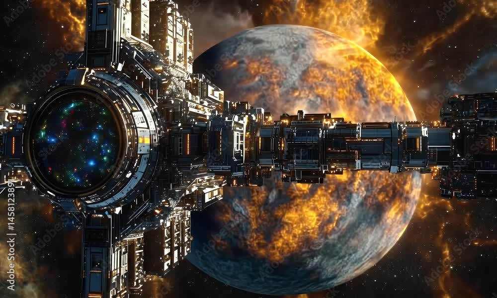 A futuristic space station orbiting a vibrant, fiery planet, showcasing advanced technology and cosmic scenery A futuristic space station orbiting a vibrant, fiery planet, showcasing advanced technology and cosmic scenery