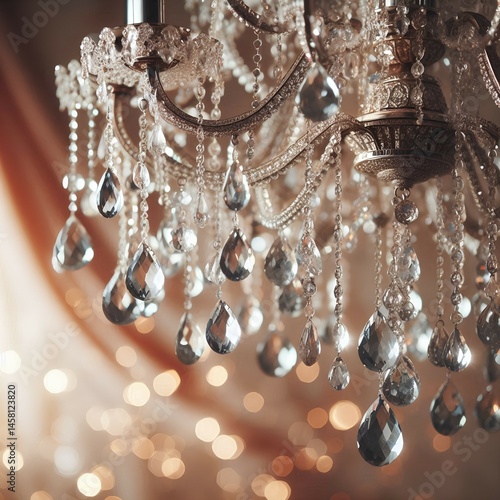 Crystal chandelier, sparkling teardrop pendants, elegant lighting, vintage luxury, soft focus, warm glow, intricate details, ornate decor