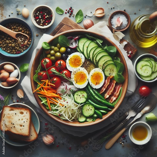 Vibrant Buddha bowl, fresh vegetables, halved boiled eggs, avocado slices, cherry tomatoes, colorful salad, wooden bowl, rustic table, overhead view, scattered ingredients, olive oil, seeds, nuts, hea