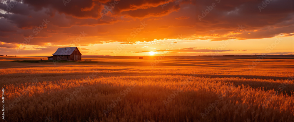 Obraz premium Golden Wheat Field with Rustic Barn Silhouetted Against Fiery Sunset Sky in Countryside Landscape Highlighting Agricultural Beauty and Rural Serenity in Golden Hour