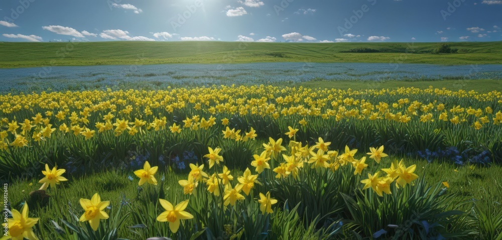 Fototapeta premium Sunlit yellow daffodils carpet a verdant field under a brilliant blue sky , vibrant yellow, yellow, sunlight