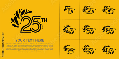Anniversary logo type set with double line number and floral ornament. black color for celebration event