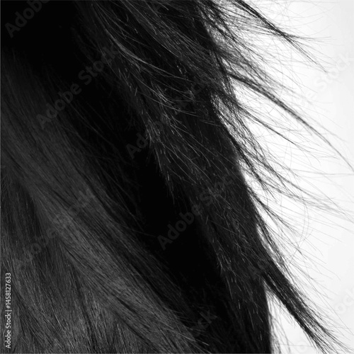 Dynamic black hair strands in motion with flyaway texture.