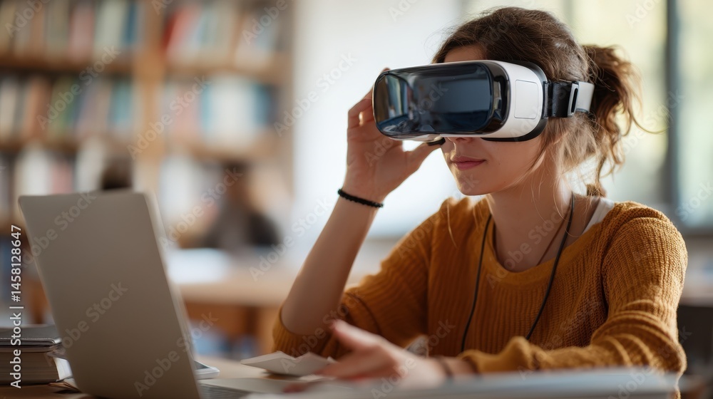 Naklejka premium Young Woman Uses VR Headset for Educational Purposes in Library Setting