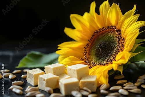 Close up image of a bright sunflower with cubed cheese and sunflower seeds photo
