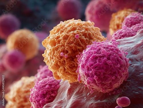  Close-up microscopic image of hepatocellular carcinoma cells with enlarged nuclei and disrupted tissue structure.