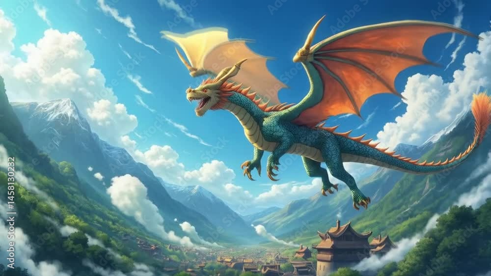 A dragon is flying over a mountain range with a city in the background