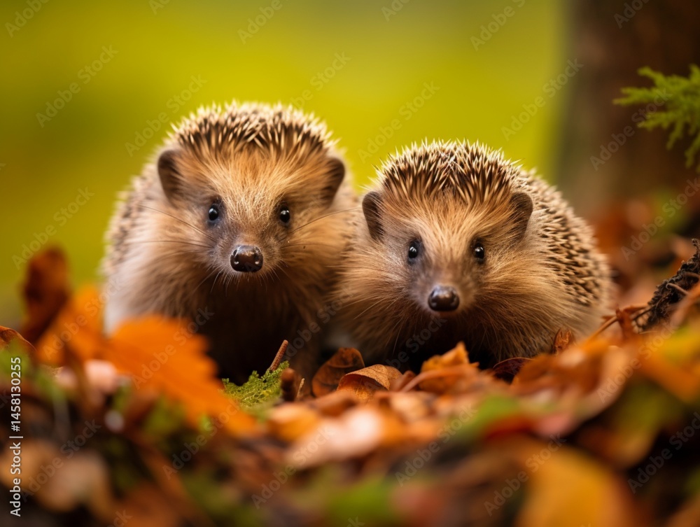 Fototapeta premium Image of two hedgehogs nesting in a hedgehog habit in a natural forest.