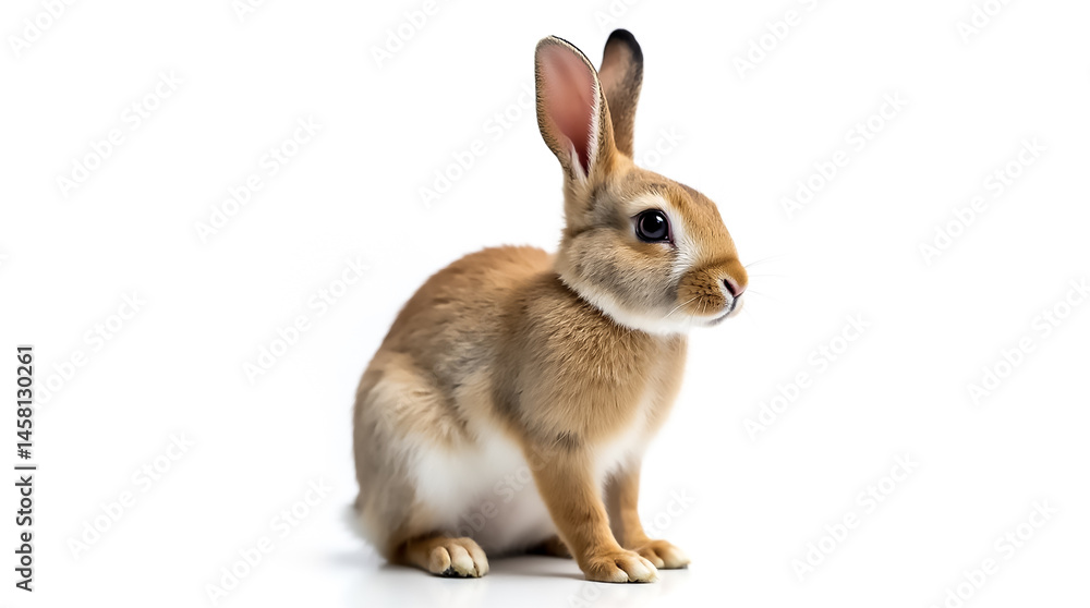 Cute brown rabbit sitting on a white surface looking inquisitively to the side during daylight hours Cute brown rabbit sitting on a white surface looking inquisitively to the side during daylight hours