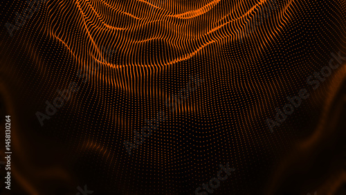 Abstract Orange particle waving texture with glowing particles. Cyber or technology digital background