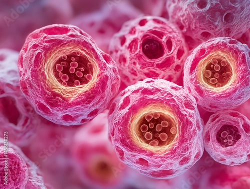  Realistic microscopy image of breast cancer cells forming a cluster with irregular shapes and high mitotic activity.