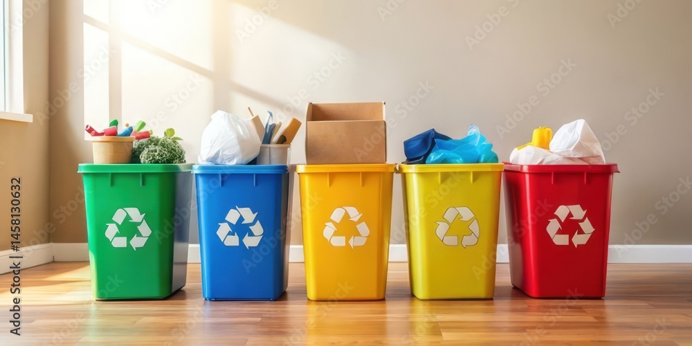 Efficient waste segregation is encouraged through the use of colorful recycling bins. Efficient waste segregation is encouraged through the use of colorful recycling bins.