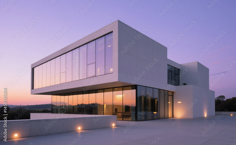 Obraz premium A striking minimalist building with large glass and white concrete surfaces, captured at dusk. The structure has a bold, geometric shape with cantilevered sections and sharp lines. A few warm light