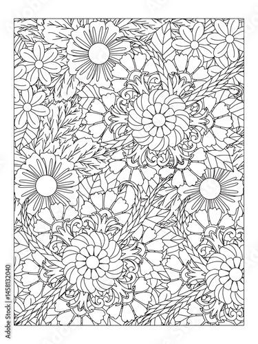 Flower pattern. Vector doodle flowers in black and white. Page adult coloring book. Coloring Flower Page.