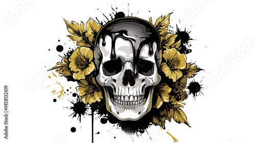 Skull with ink splashes and golden flowers in grunge style on white background