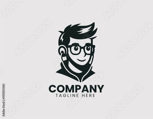 Free Download Friendly Cartoon Young Man Glasses Earbuds Portrait Vector Logo Design, Cheerful Cartoon Guy Glasses Earphones Portrait Logo, Smiling Cartoon Young Man Eyeglasses Earbuds Illustration Logo - GFXLoad