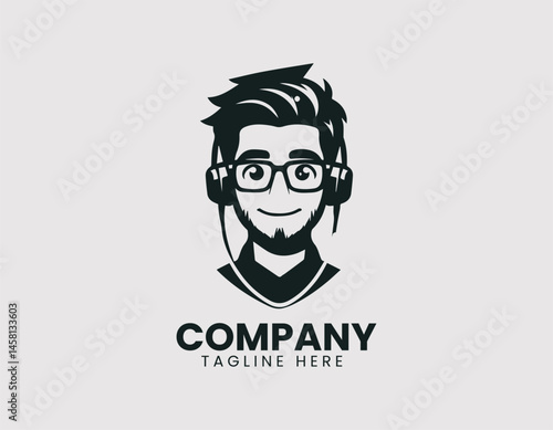 Free Download Friendly Cartoon Young Man Glasses Earbuds Portrait Vector Logo Design, Cheerful Cartoon Guy Glasses Earphones Portrait Logo, Smiling Cartoon Young Man Eyeglasses Earbuds Illustration Logo - GFXLoad