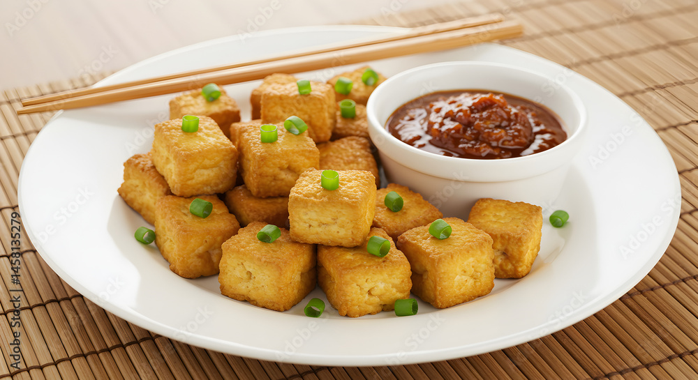 Golden Fried Tofu Cubes with Chili Sauce and Chopsticks on Bamboo Mat in Bright Kitchen Golden Fried Tofu Cubes with Chili Sauce and Chopsticks on Bamboo Mat in Bright Kitchen