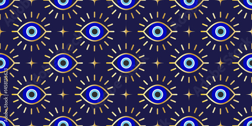 Evil eye seamless pattern. Turkish vector background with blue beads and magic nazar. Mystic Greek amulet is the symbol of protection and luck. Arabic and Mediterranean ethnic wallpaper
