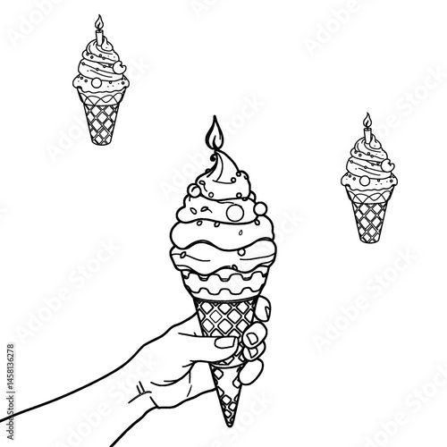 human hand holding ice-cream on cone, flat vector illustration. Woman hand with a manicure holding a cone of creamy ice cream with sprinkles. Vector flat isolated dessert sweetness.

