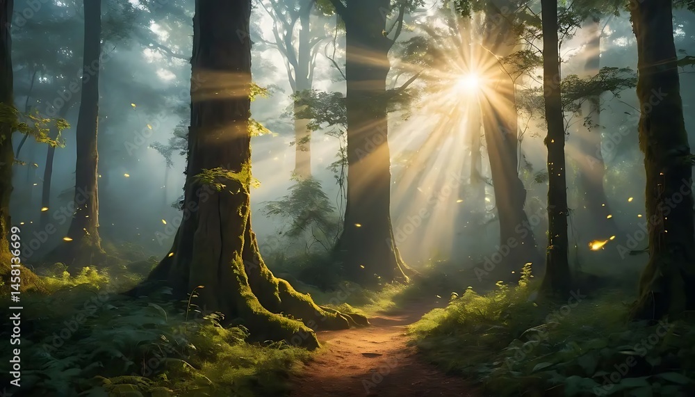 Naklejka premium Sunlight streams through a dense forest, illuminating a path, with magical, dreamlike atmosphere.