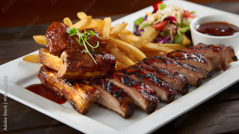 Grilled Sirloin Steak with BBQ Ribs, French Fries, Salad, and Sauce on a White Plate Grilled Sirloin Steak with BBQ Ribs, French Fries, Salad, and Sauce on a White Plate