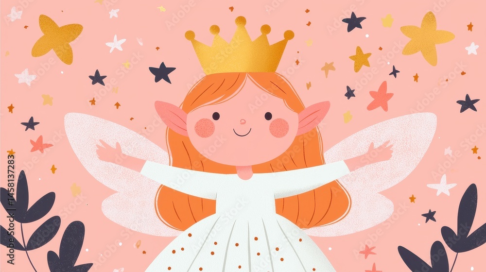 Cute Fairy Girl with Crown and Wings Surrounded by Stars and Leaves Cute Fairy Girl with Crown and Wings Surrounded by Stars and Leaves