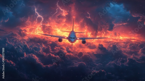 a dramatic storm clouds oer a small airplane during a turbulent flight, with lightning illuminating the dk skies