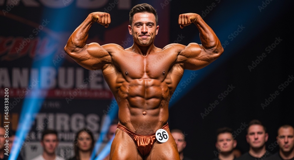 Obraz premium Bodybuilder flexing his muscles on stage during a competition with an audience watching him perform