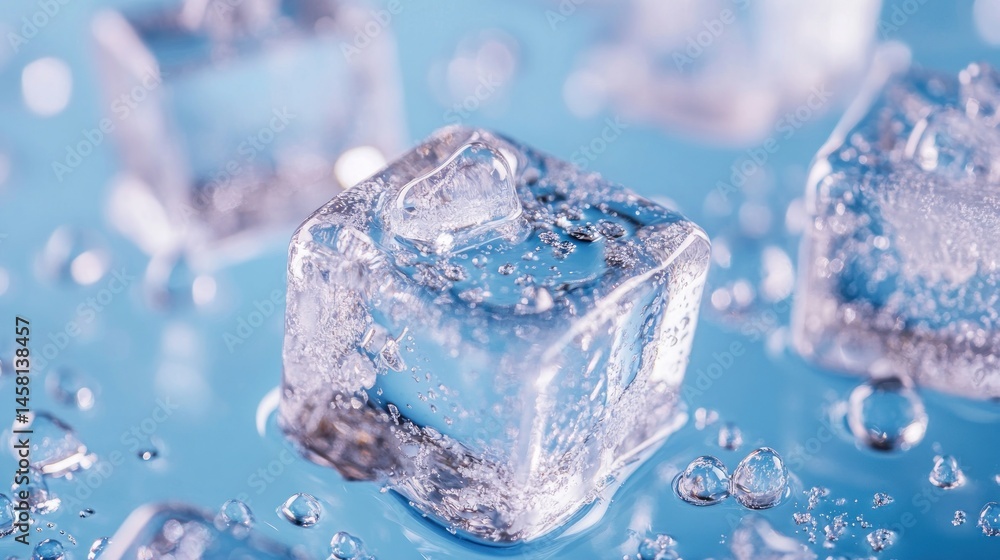 Clear ice cubes, water droplets Clear ice cubes, water droplets