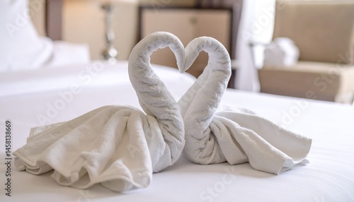 Fototapeta Naklejka Na Ścianę i Meble -  Romantic Towel Swans on Hotel Bed Luxury Bedding Couple Getaway