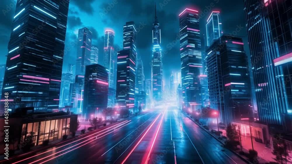 A cityscape with neon lights and a wet road
