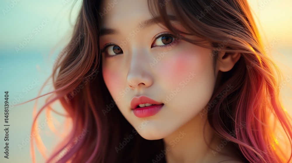 Serene visage amid sunsets glow Serene visage amid sunsets glow