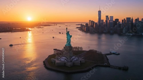 Statue of Liberty with New York City skyline sunset
