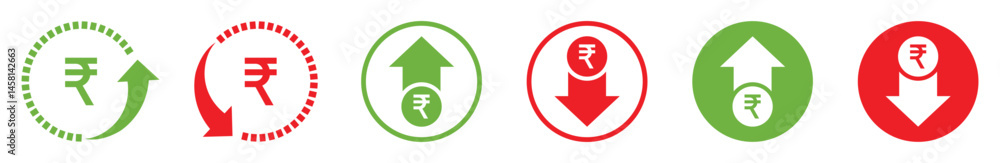 Indian rupee price up and down icons set. Rupee currency value trend icons. Money cost arrow growth, decline. Rupee trend icons showing currency value rising and falling with green up and red down. Indian rupee price up and down icons set. Rupee currency value trend icons. Money cost arrow growth, decline. Rupee trend icons showing currency value rising and falling with green up and red down.