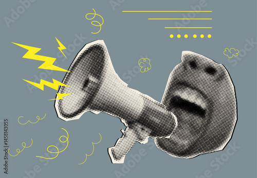 Shouting mouth and megaphone with halftone effect,trendy collage design,hand drawn doodles