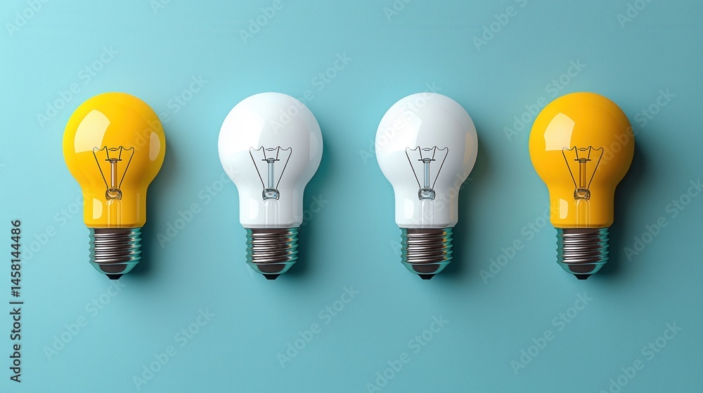 Colorful Light Bulbs in Bright Yellow and White Display on Blue Background Colorful Light Bulbs in Bright Yellow and White Display on Blue Background