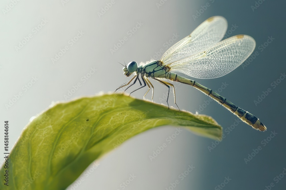 Dragonfly delicately landing on a flexible leaf during a serene afternoon, Dragonfly landing on a flexible leaf Closeup slow-motion Dragonfly delicately landing on a flexible leaf during a serene afternoon, Dragonfly landing on a flexible leaf Closeup slow-motion
