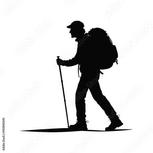 Black silhouette vector of hiker with backpack, outdoor trekking adventure design, travel, exploration, adventure