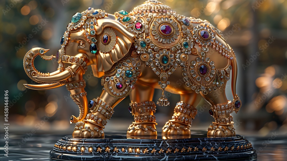 Decorative golden elephant with sparkling gem detailing and elaborate craftsmanship high resolution photo Decorative golden elephant with sparkling gem detailing and elaborate craftsmanship high resolution photo